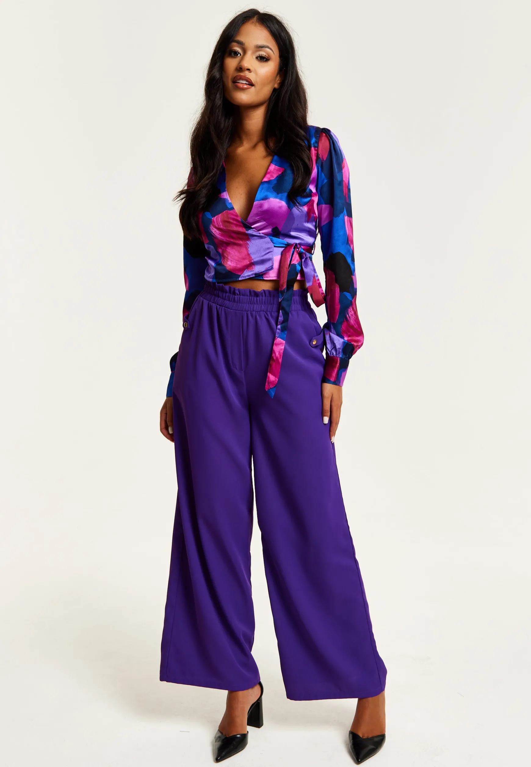 Women’s Purple Wide Leg Trousers with High Waist, Elasticated Waist & Front Pockets - Liquorish