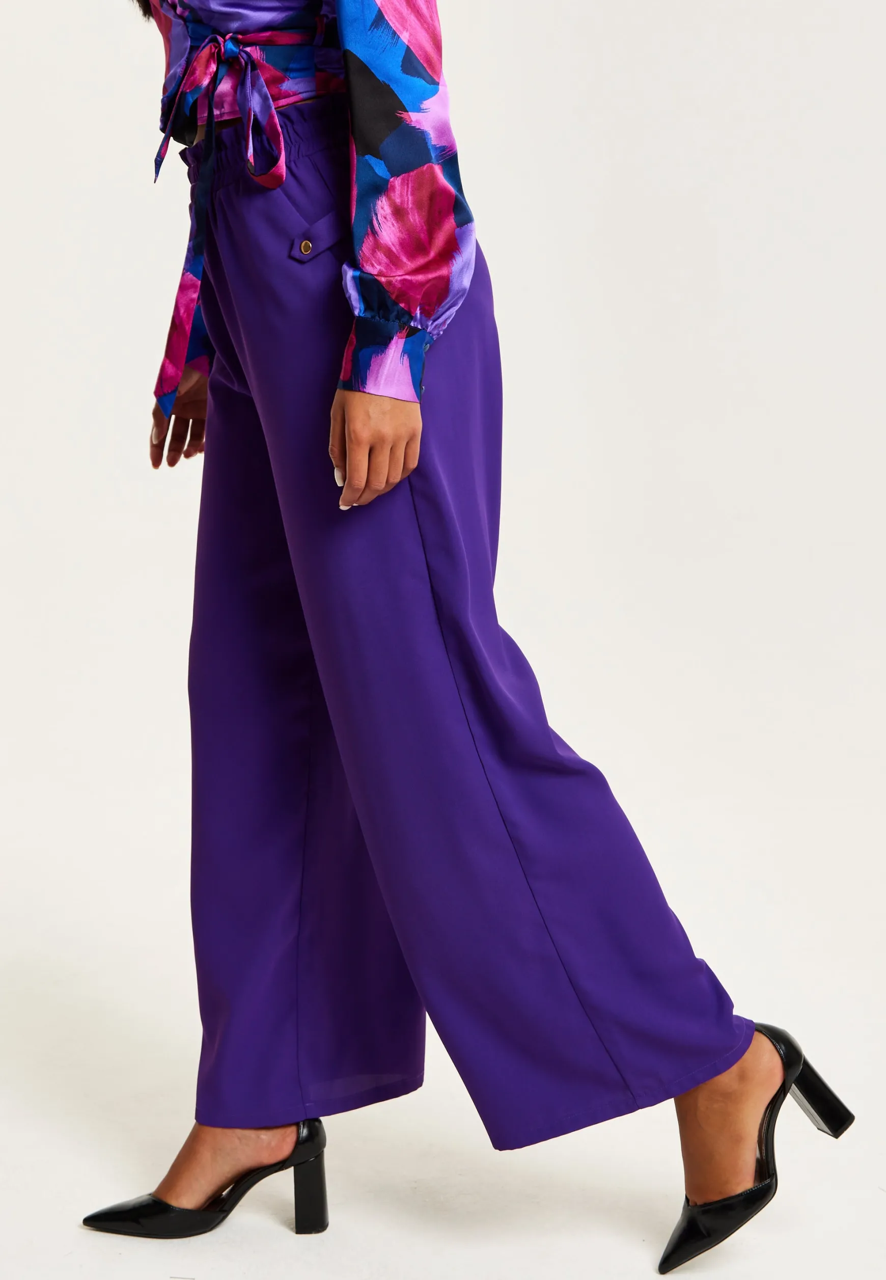 Women’s Purple Wide Leg Trousers with High Waist, Elasticated Waist & Front Pockets - Liquorish