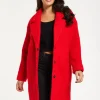 Women's Red Bouclé Coat with Notch Lapels, Dropped Shoulders & Relaxed Fit - Liquorish