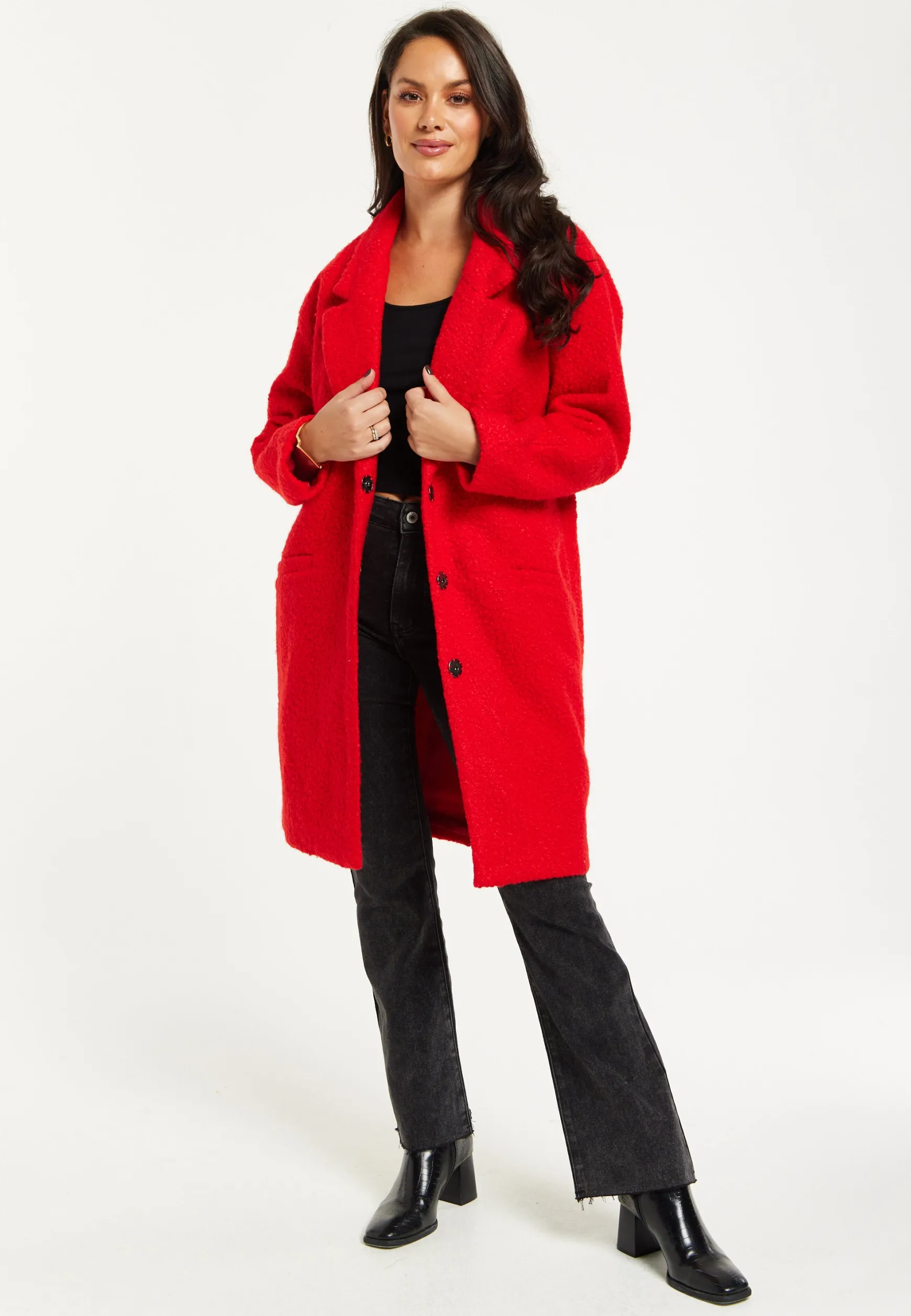 Women's Red Bouclé Coat with Notch Lapels, Dropped Shoulders & Relaxed Fit - Liquorish