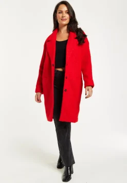 Women's Red Bouclé Coat with Notch Lapels, Dropped Shoulders & Relaxed Fit - Liquorish