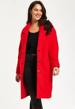 Women's Red Bouclé Coat with Notch Lapels, Dropped Shoulders & Relaxed Fit - Liquorish