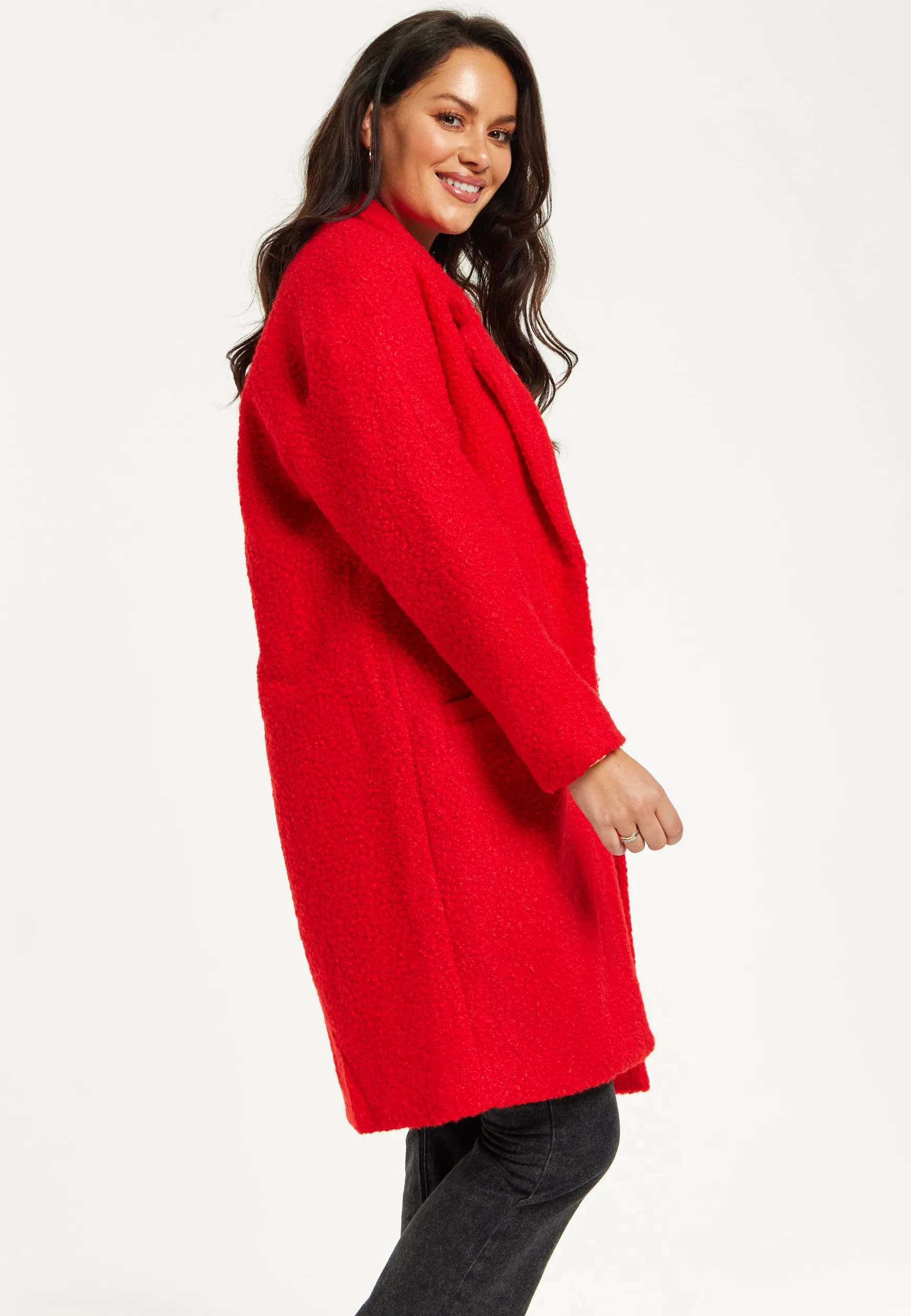 Women's Red Bouclé Coat with Notch Lapels, Dropped Shoulders & Relaxed Fit - Liquorish