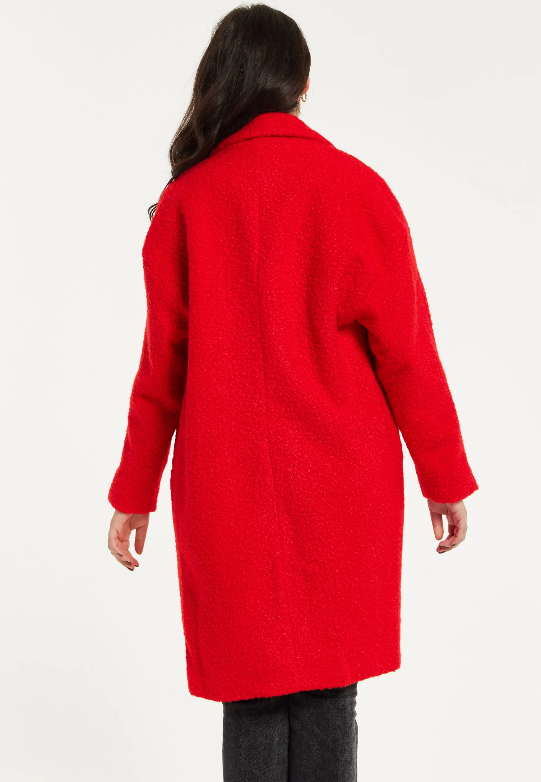 Women's Red Bouclé Coat with Notch Lapels, Dropped Shoulders & Relaxed Fit - Liquorish