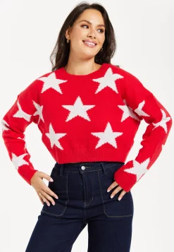 Women's Red Cropped Long Sleeve Jumper with Unique Star Pattern by Liquorish