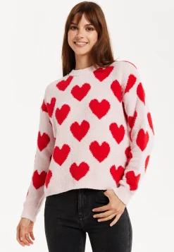 Women's Red Heart-Print Knit Jumper with Long Sleeves - Cozy and Playful Liquorish Design