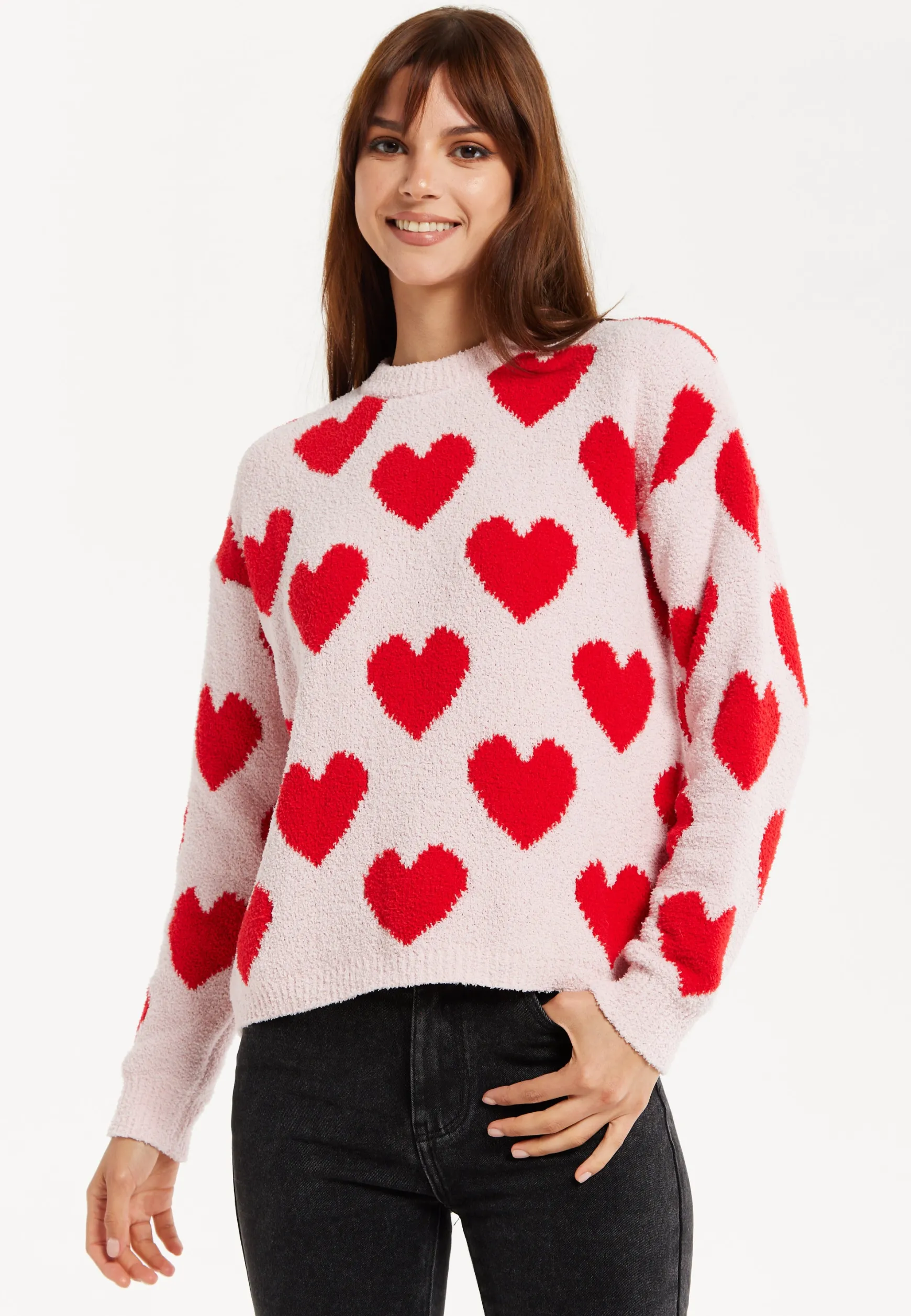 Women's Red Heart-Print Knit Jumper with Long Sleeves - Cozy and Playful Liquorish Design