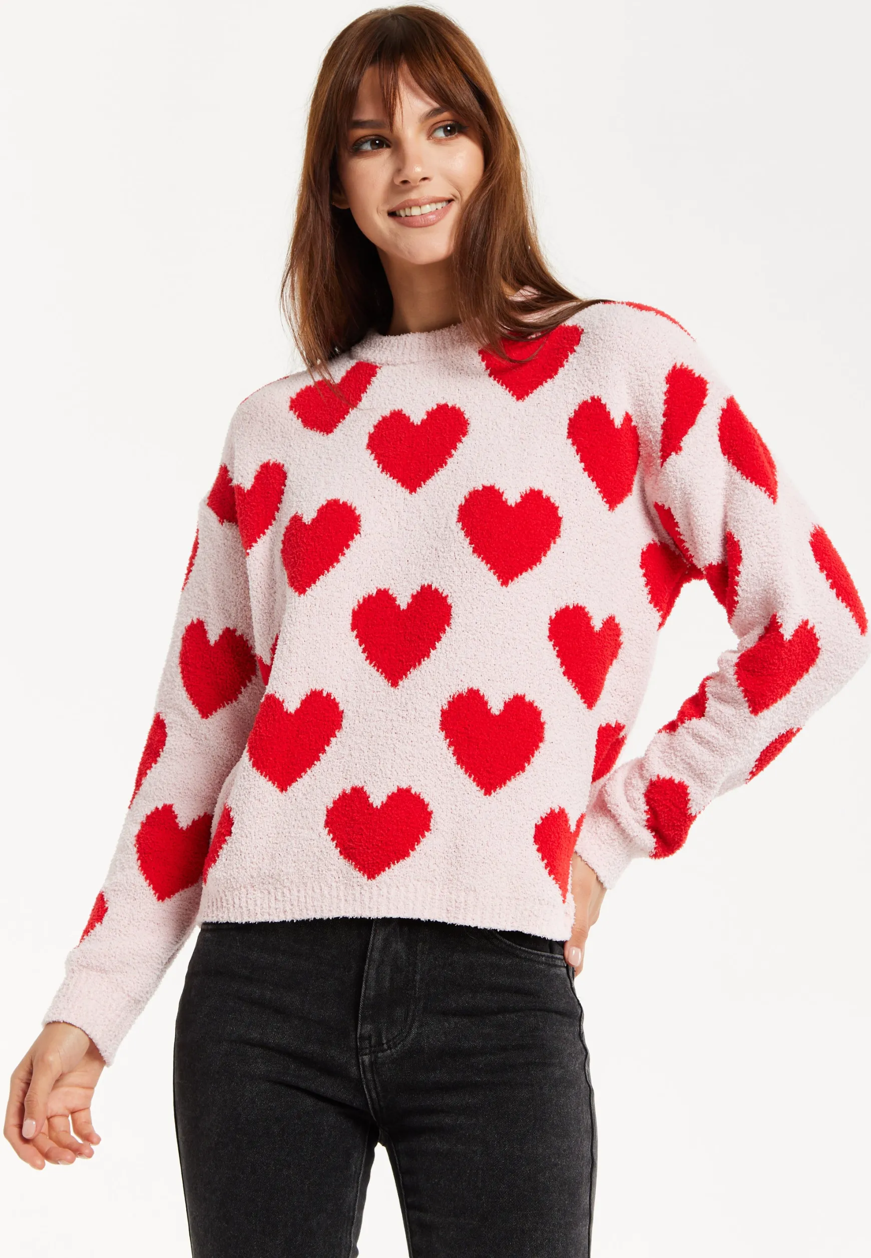 Women's Red Heart-Print Knit Jumper with Long Sleeves - Cozy and Playful Liquorish Design