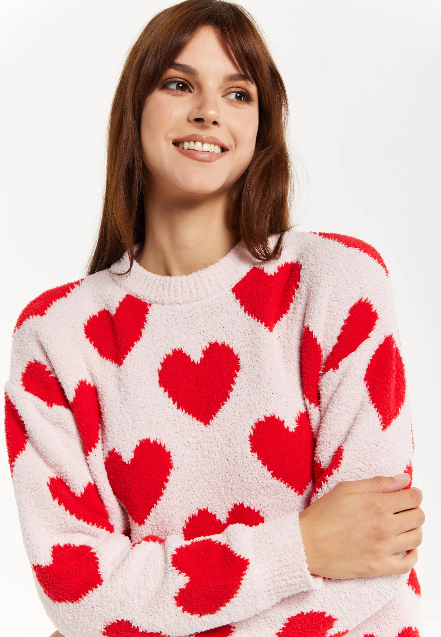 Women's Red Heart-Print Knit Jumper with Long Sleeves - Cozy and Playful Liquorish Design