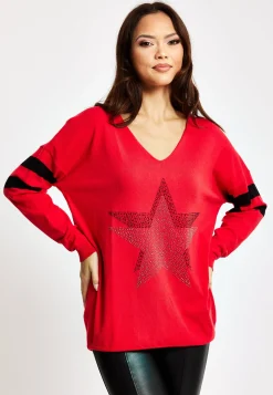 Women's Red Jumper with Sparkly Star & Stripes, V-neck, Long Sleeves, Exposed Metal Zip, Black & Silver Studs - Liquorish