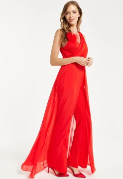 Women’s Red Sleeveless Jumpsuit with Sheer Overlay for Elegant Evening Wear - Liquorish