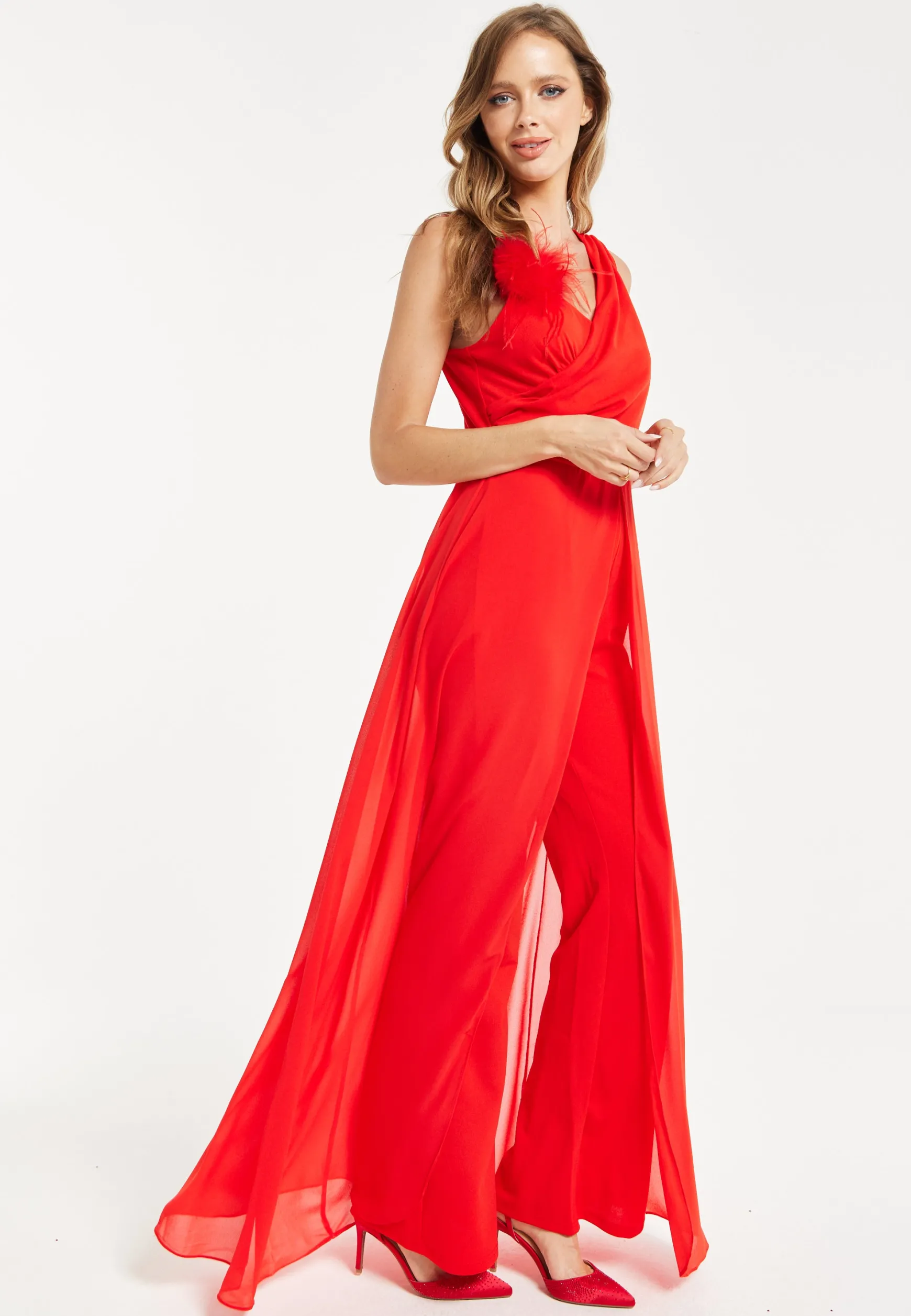 Women’s Red Sleeveless Jumpsuit with Sheer Overlay for Elegant Evening Wear - Liquorish