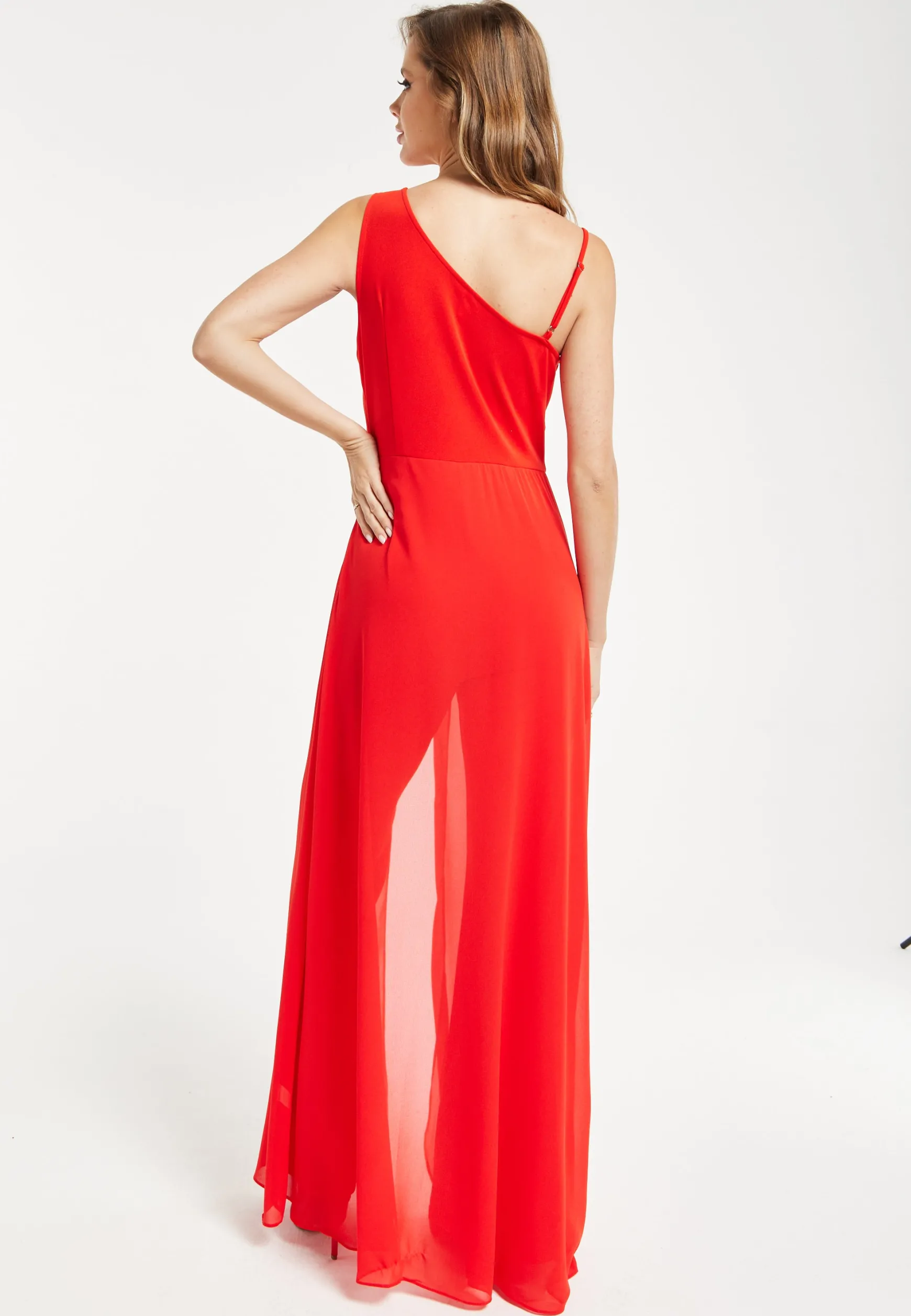 Women’s Red Sleeveless Jumpsuit with Sheer Overlay for Elegant Evening Wear - Liquorish