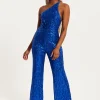 Women's Royal Blue One Shoulder Sequin Jersey Jumpsuit with Backless Design, Elasticated Waist, and Slim Fit