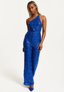 Women's Royal Blue One Shoulder Sequin Jersey Jumpsuit with Backless Design, Elasticated Waist, and Slim Fit