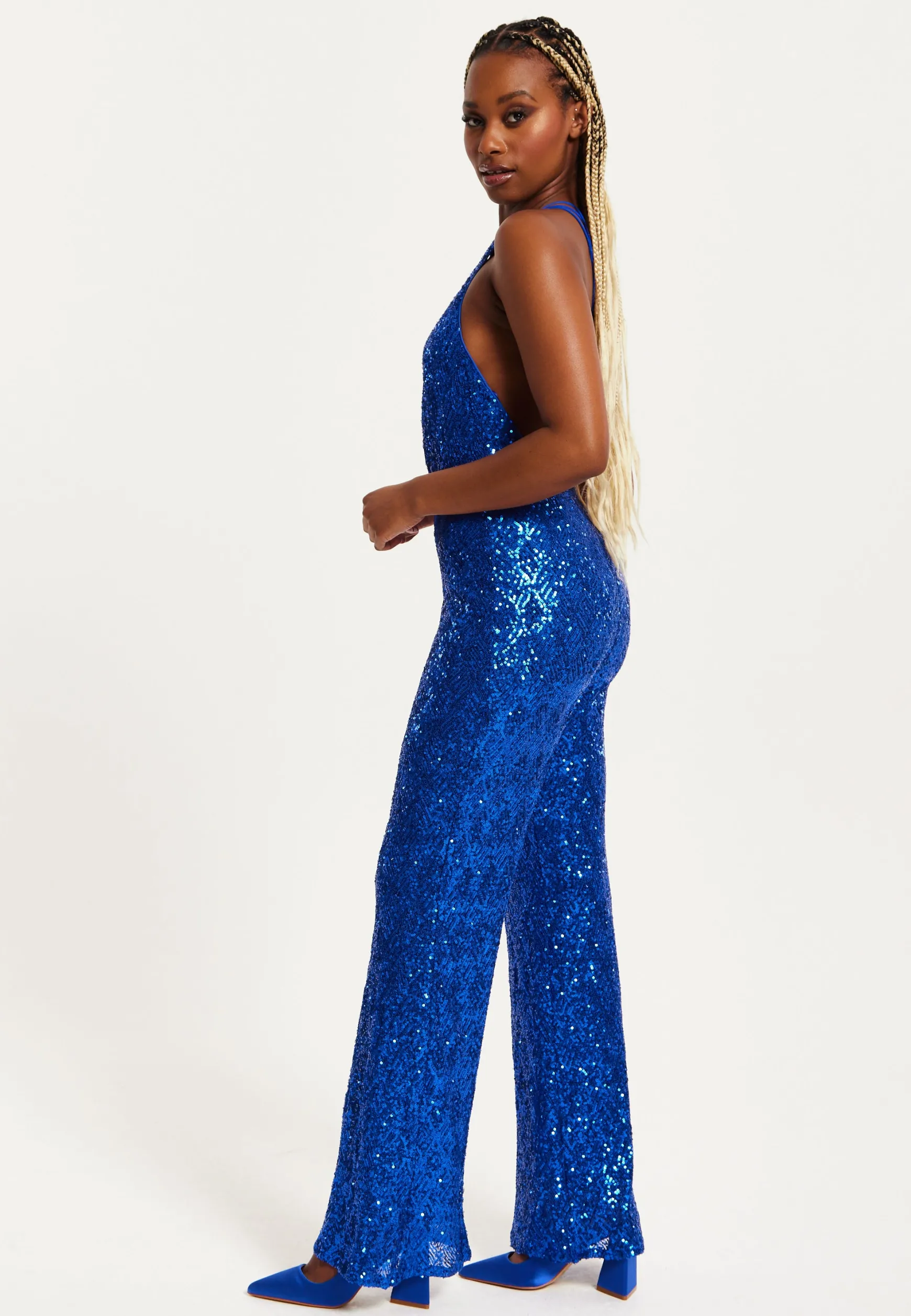 Women's Royal Blue One Shoulder Sequin Jersey Jumpsuit with Backless Design, Elasticated Waist, and Slim Fit