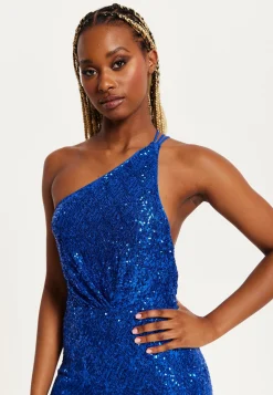 Women's Royal Blue One Shoulder Sequin Jersey Jumpsuit with Backless Design, Elasticated Waist, and Slim Fit