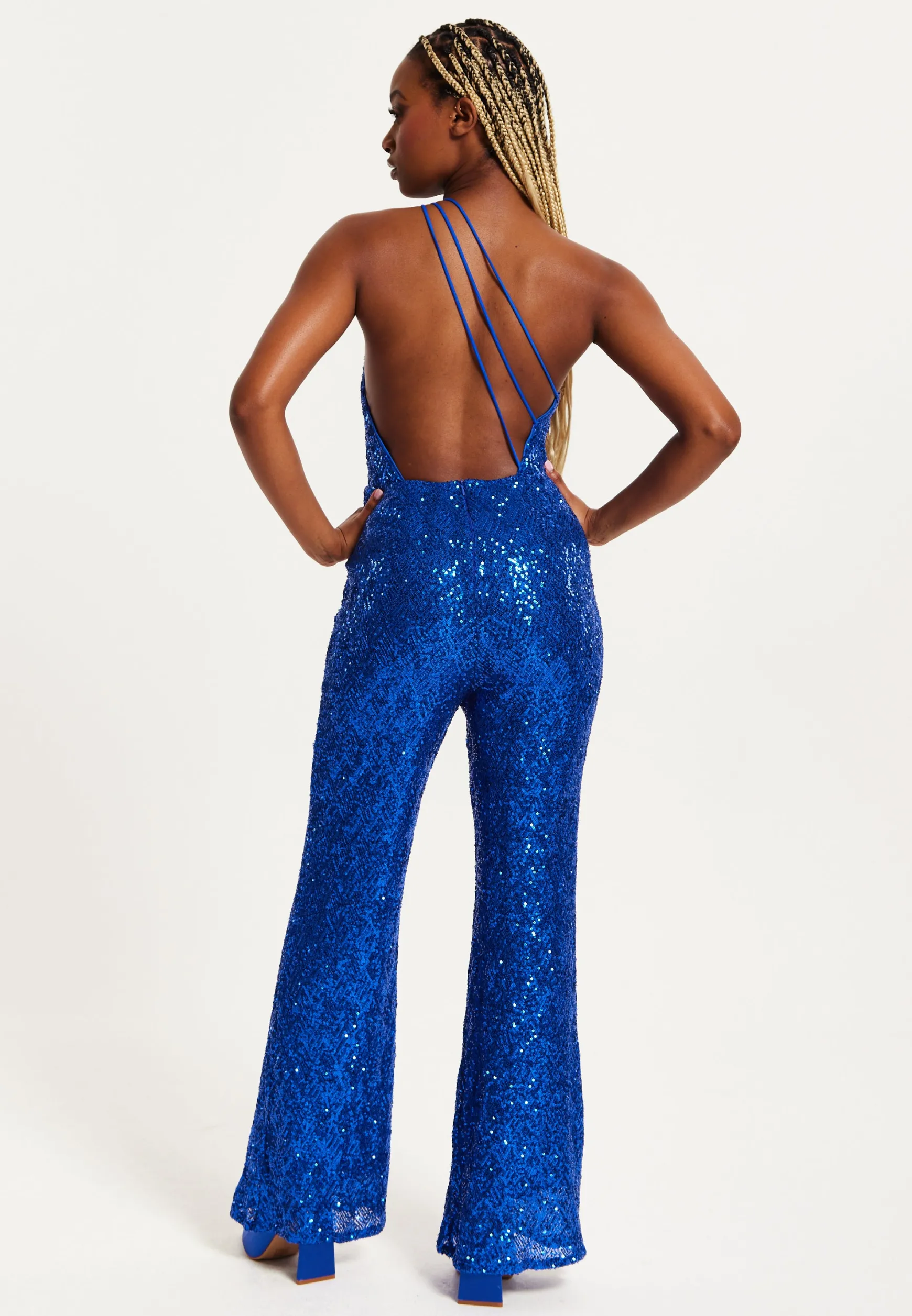 Women's Royal Blue One Shoulder Sequin Jersey Jumpsuit with Backless Design, Elasticated Waist, and Slim Fit