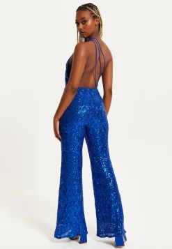 Women's Royal Blue One Shoulder Sequin Jersey Jumpsuit with Backless Design, Elasticated Waist, and Slim Fit