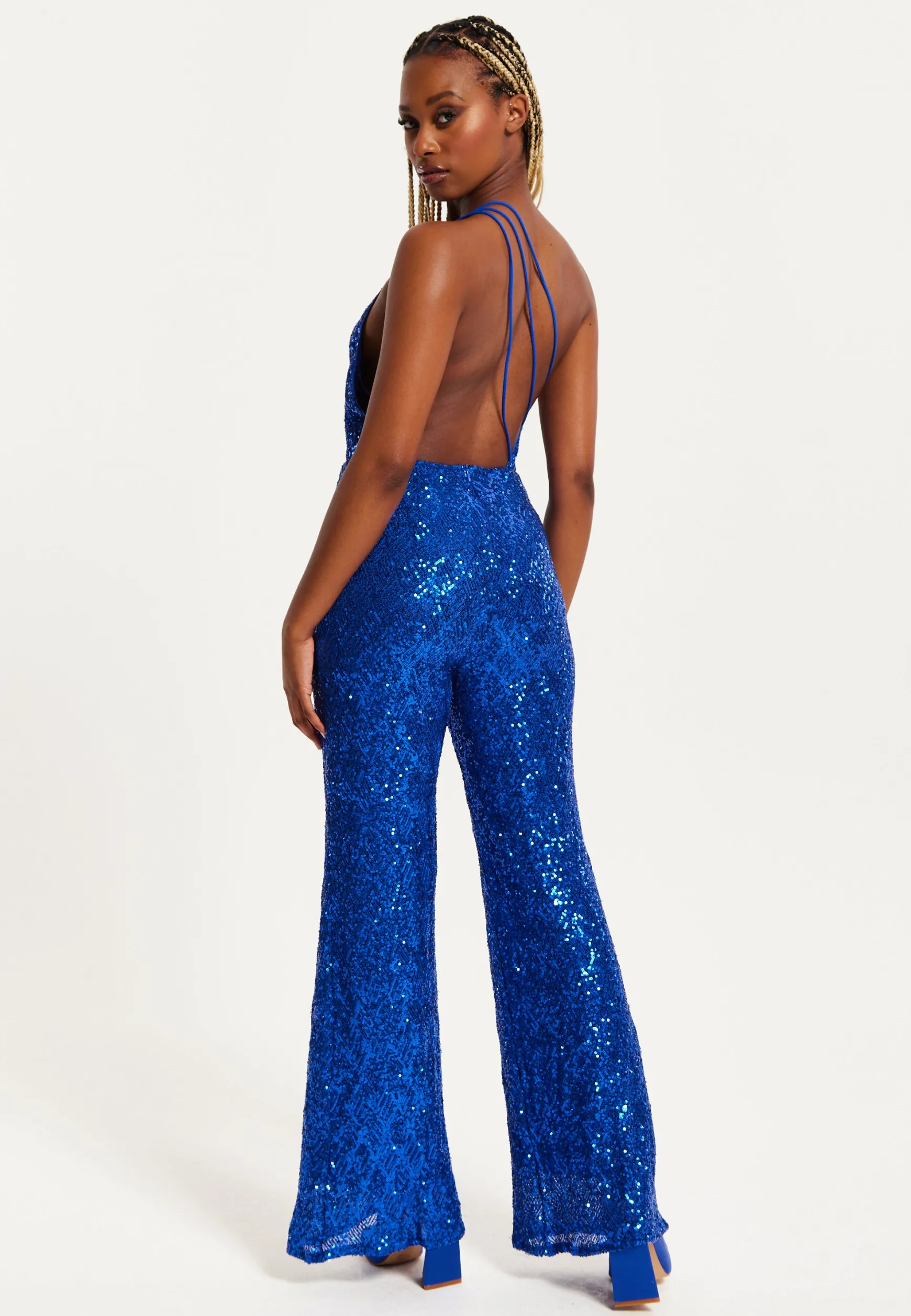Women's Royal Blue One Shoulder Sequin Jersey Jumpsuit with Backless Design, Elasticated Waist, and Slim Fit