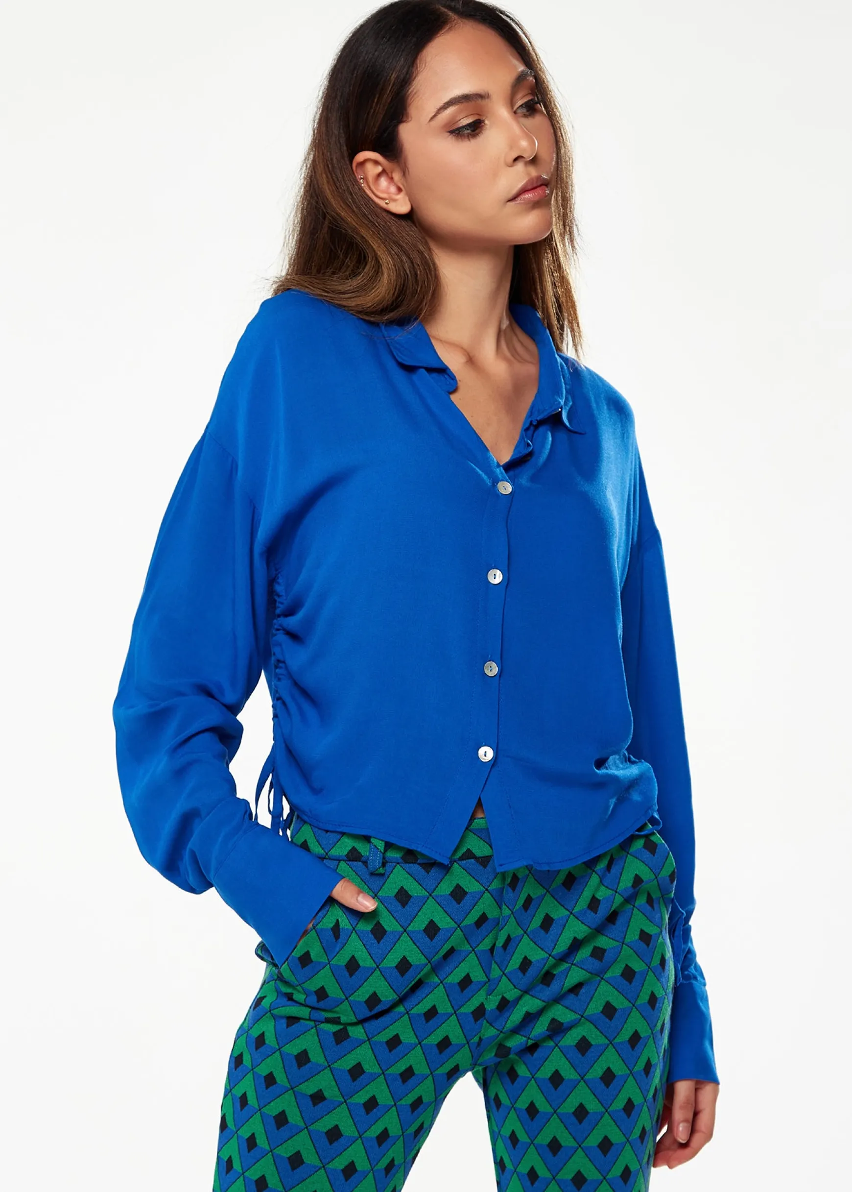 Women's Shirt in Blue with Side Drawstring Detail, Balloon Sleeves & Classic Collar - Regular Fit