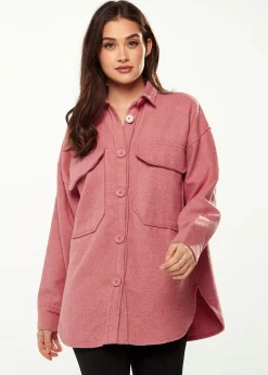 Women’s Shirt Jacket with Oversized Pocket in Pink - Classic Button-Up, Collar, Full-Length Sleeves, Oversized Fit