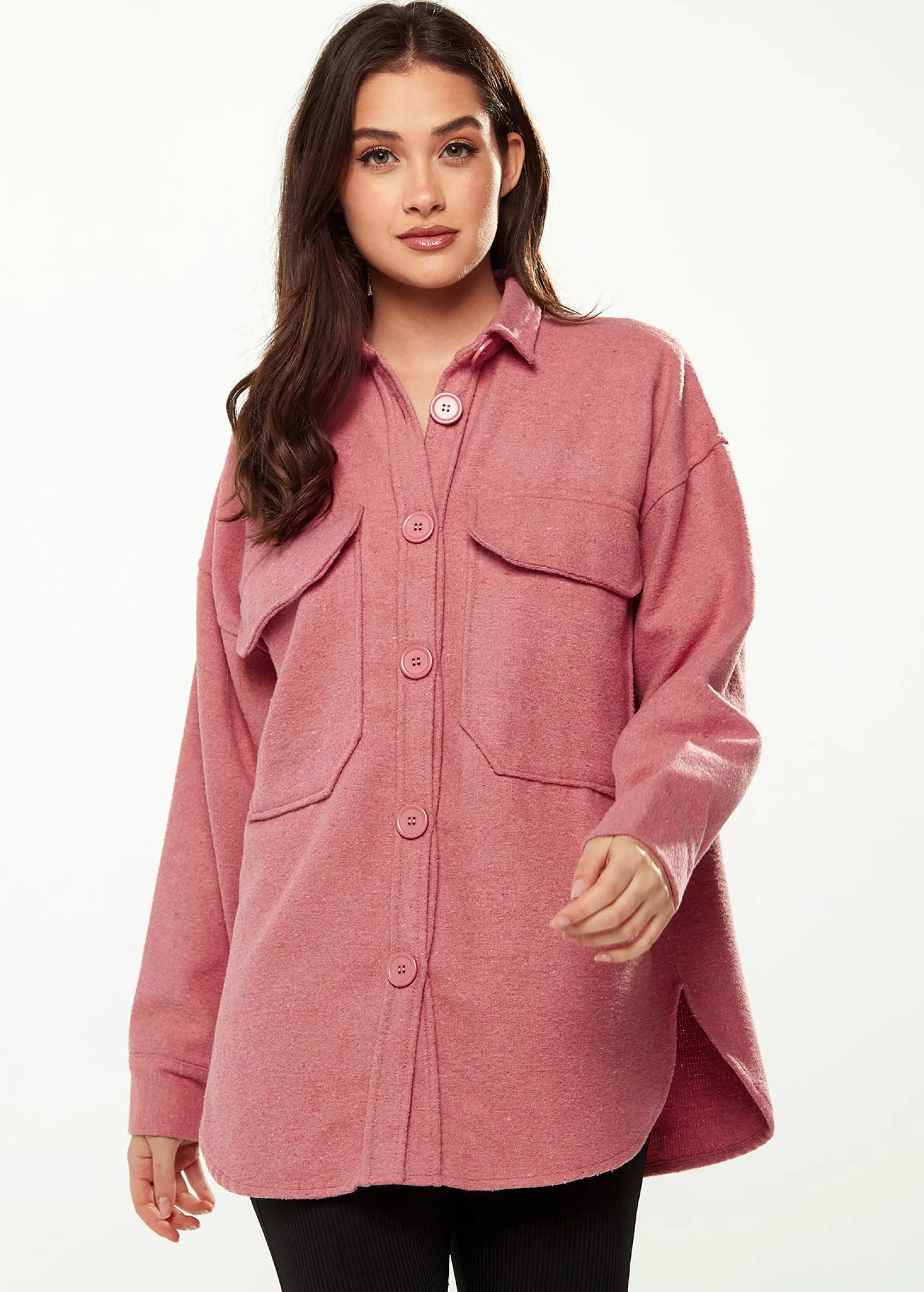 Women’s Shirt Jacket with Oversized Pocket in Pink - Classic Button-Up, Collar, Full-Length Sleeves, Oversized Fit