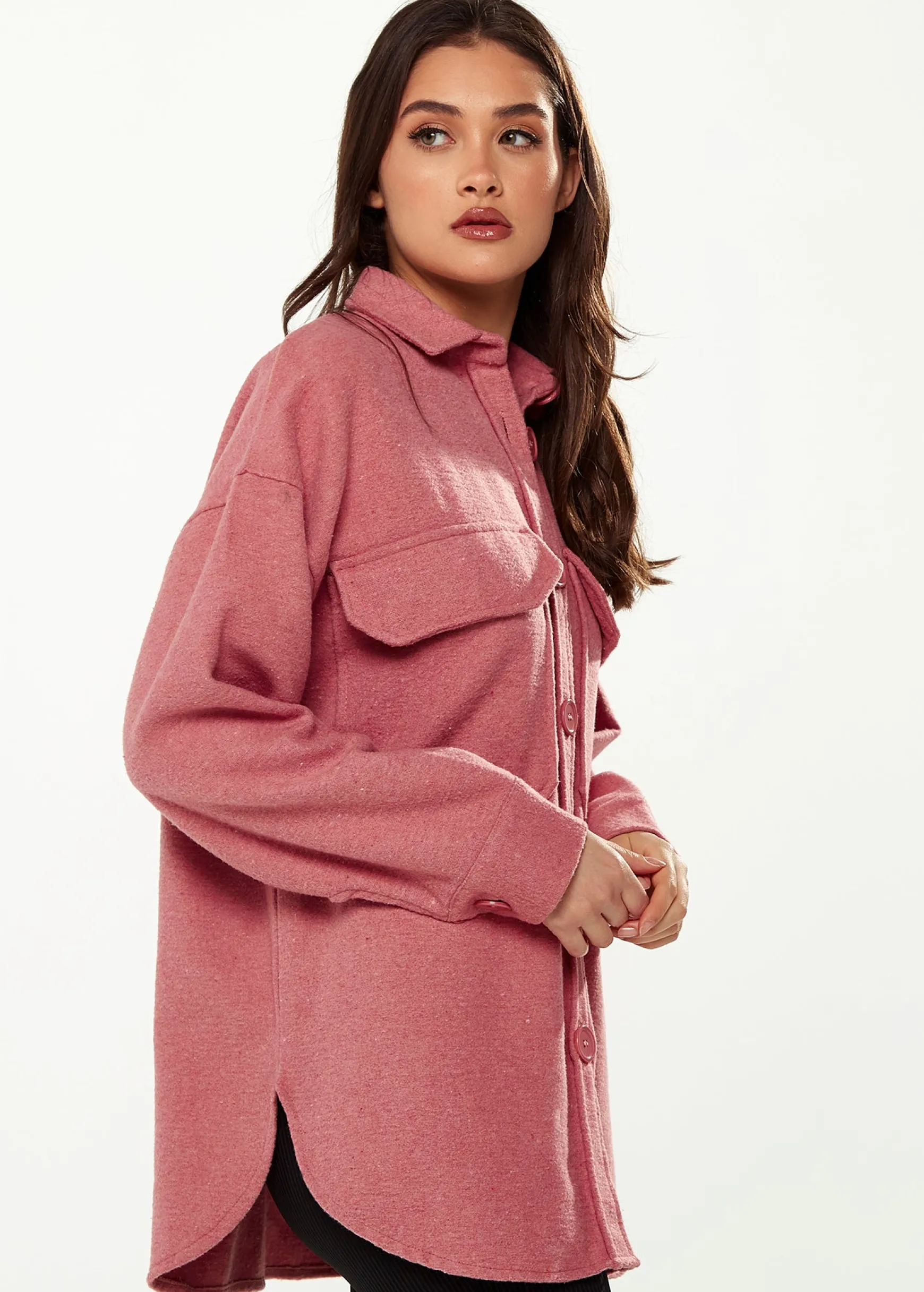 Women’s Shirt Jacket with Oversized Pocket in Pink - Classic Button-Up, Collar, Full-Length Sleeves, Oversized Fit