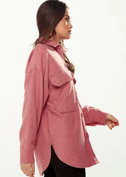 Women’s Shirt Jacket with Oversized Pocket in Pink - Classic Button-Up, Collar, Full-Length Sleeves, Oversized Fit