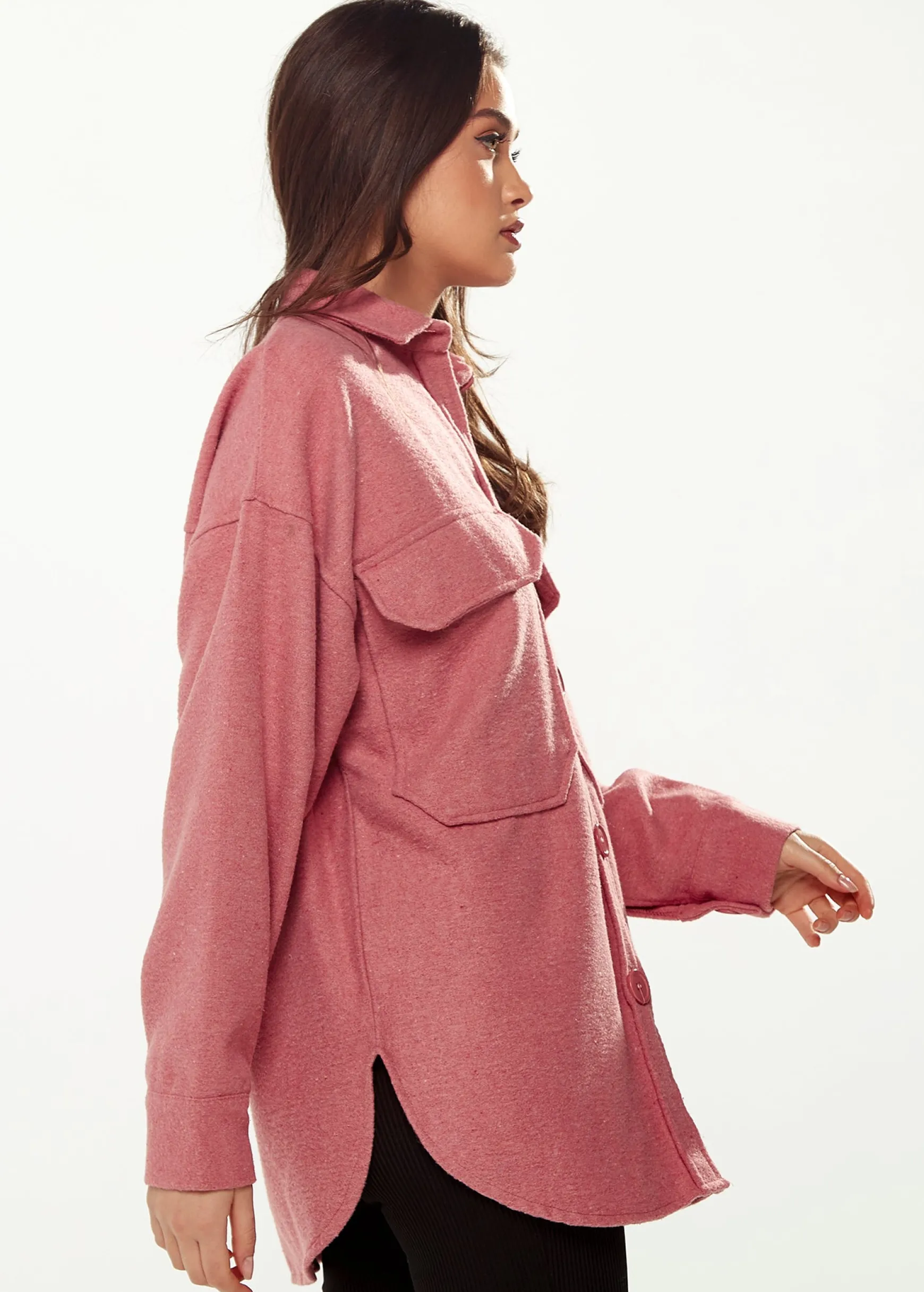 Women’s Shirt Jacket with Oversized Pocket in Pink - Classic Button-Up, Collar, Full-Length Sleeves, Oversized Fit