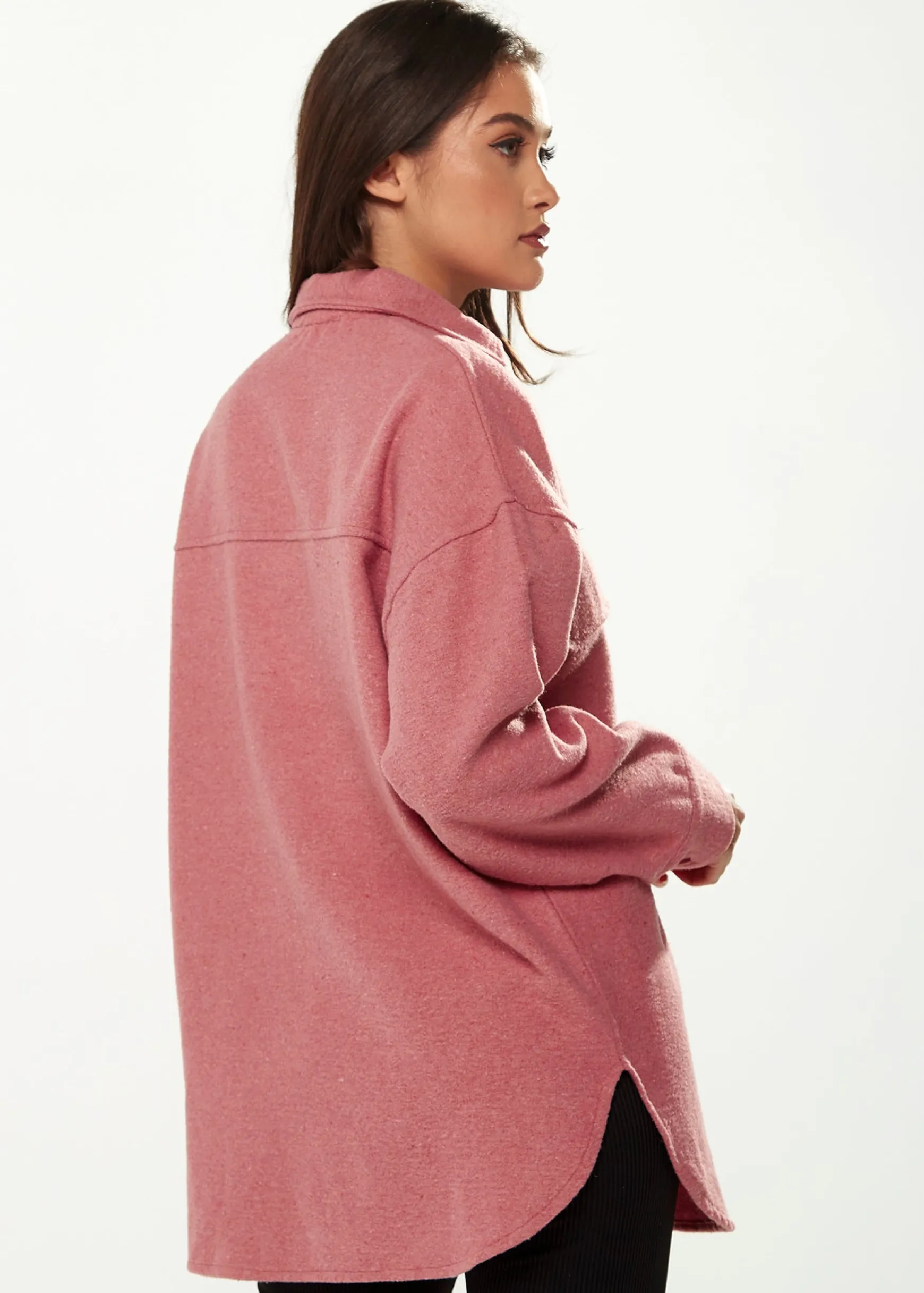 Women’s Shirt Jacket with Oversized Pocket in Pink - Classic Button-Up, Collar, Full-Length Sleeves, Oversized Fit