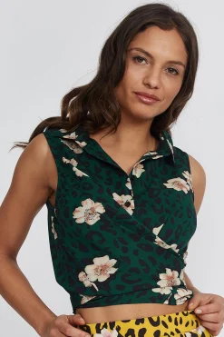 Women's Shirt Tie Front in Leopard and Floral Print - Shirt collar, button placket, tie-hem, mixed print, regular fit.