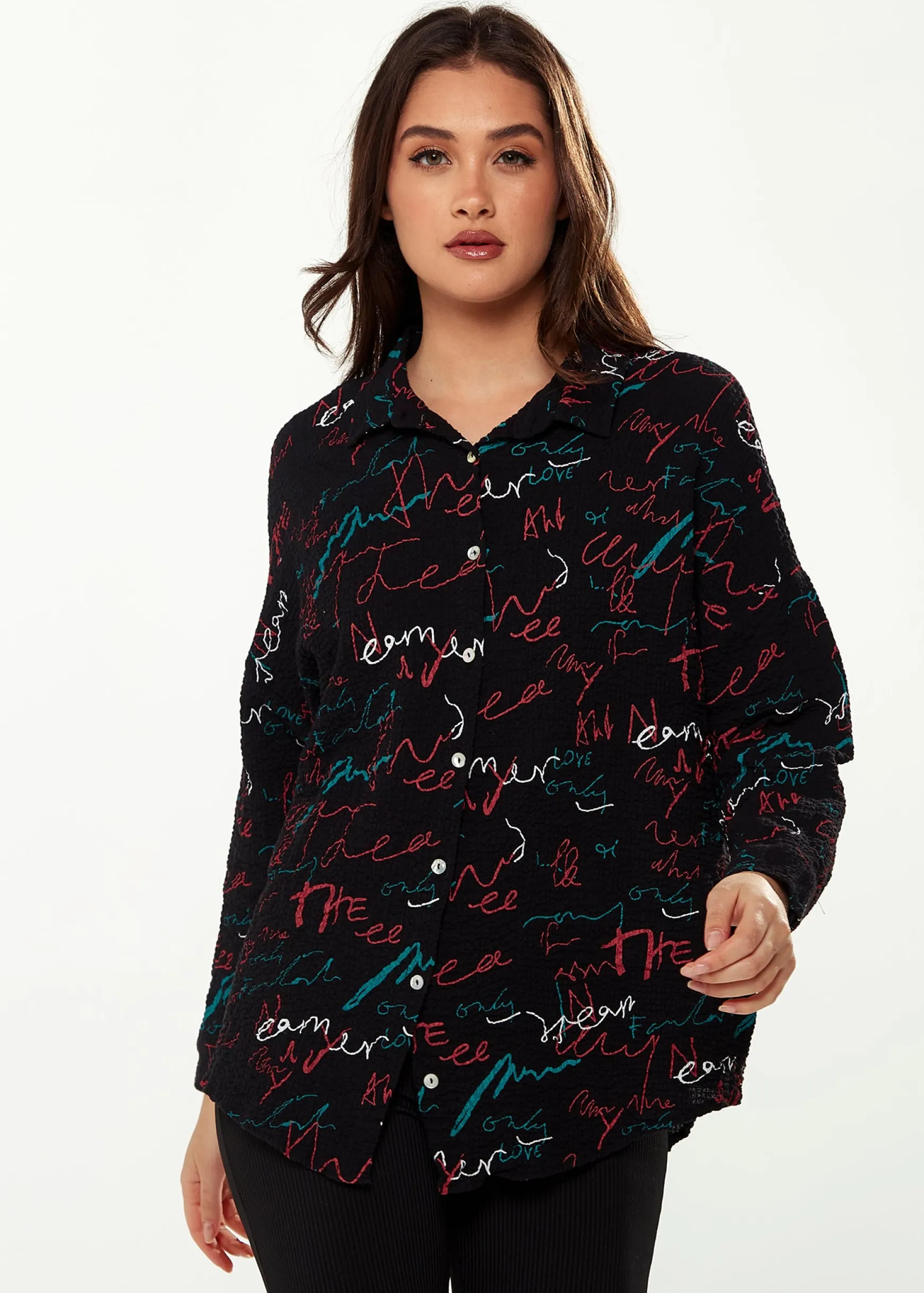 Women's Shirt with Multicolour Signature Pattern in Black - Long Sleeves, Classic Collar, Button-Up Style, Regular Fit