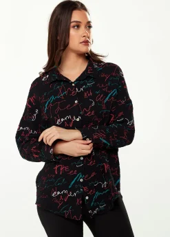 Women's Shirt with Multicolour Signature Pattern in Black - Long Sleeves, Classic Collar, Button-Up Style, Regular Fit