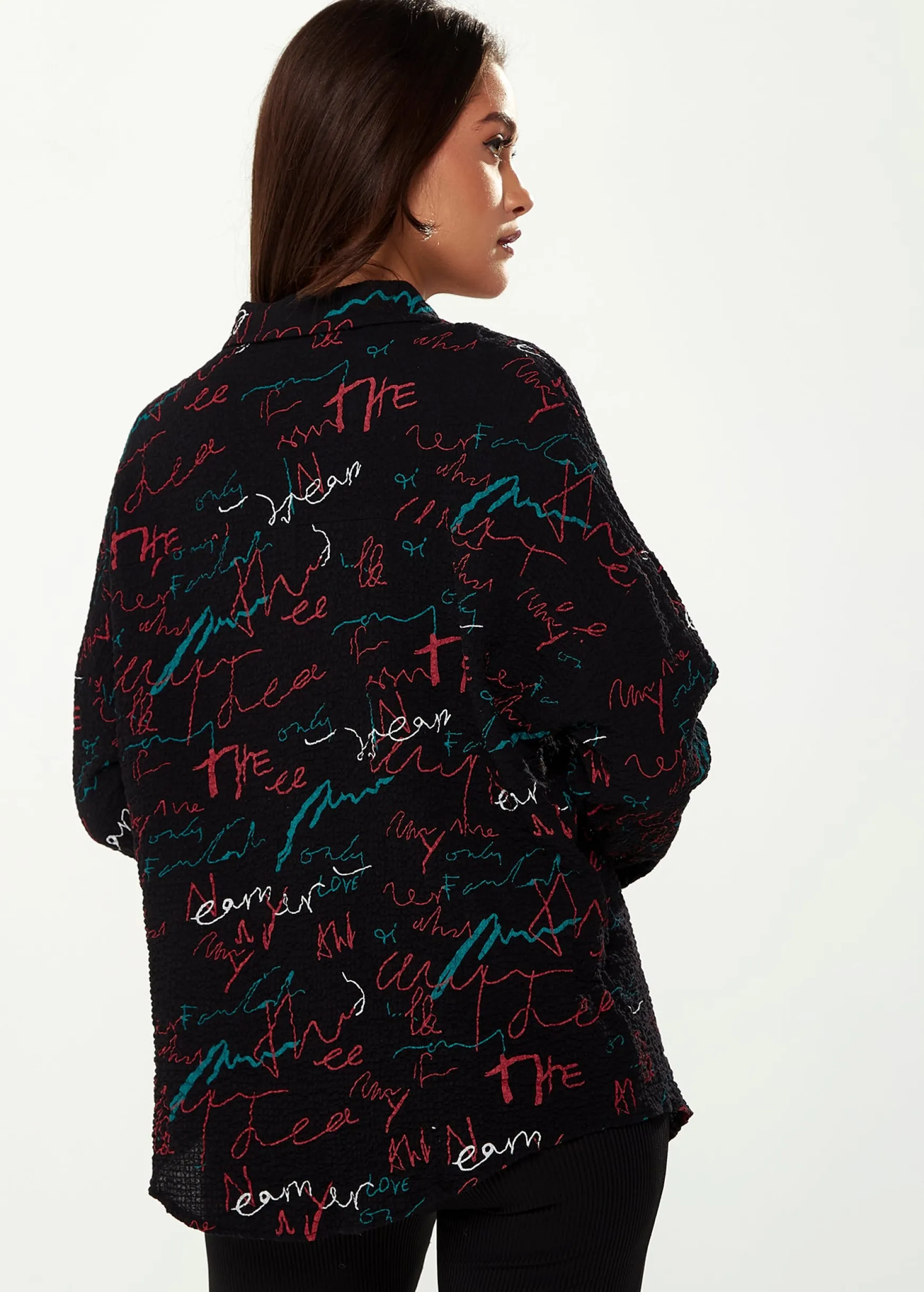 Women's Shirt with Multicolour Signature Pattern in Black - Long Sleeves, Classic Collar, Button-Up Style, Regular Fit