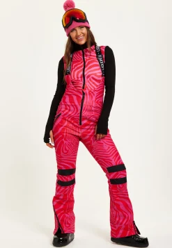 Women’s Ski Waterproof Salopette in Pink Zebra Print - Sleeveless, Adjustable Straps, Skinny Fit, Zip Fastening, Side Pockets