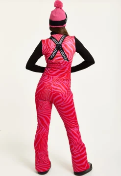 Women’s Ski Waterproof Salopette in Pink Zebra Print - Sleeveless, Adjustable Straps, Skinny Fit, Zip Fastening, Side Pockets
