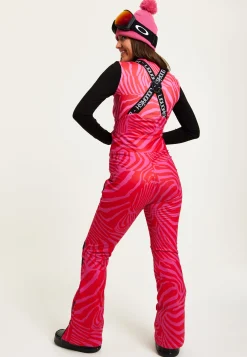 Women’s Ski Waterproof Salopette in Pink Zebra Print - Sleeveless, Adjustable Straps, Skinny Fit, Zip Fastening, Side Pockets