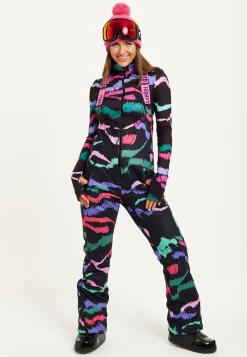 Women's Ski Waterproof Sleeveless Salopette in Black Abstract Print with Adjustable Straps and Zip Side Pockets