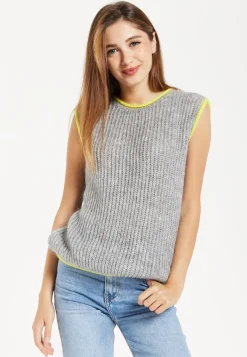 Women's Super Soft Sleeveless Ribbed Knit Sweater Vest - Grey with Contrasting White Trim