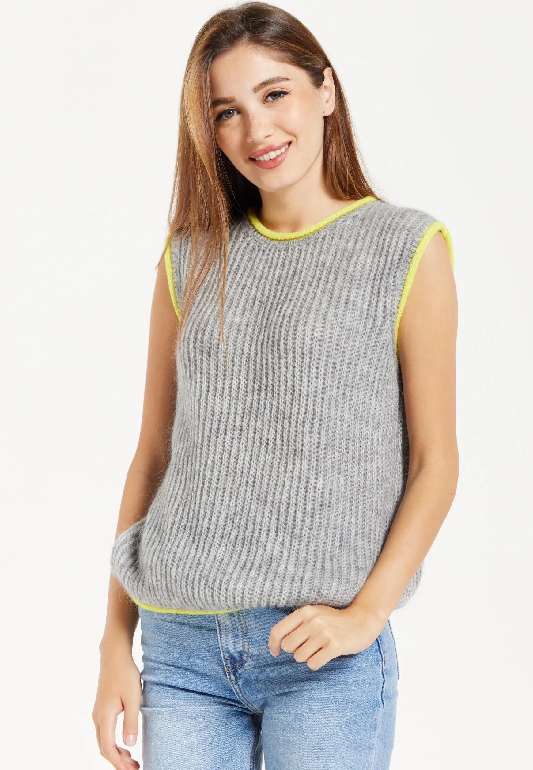 Women's Super Soft Sleeveless Ribbed Knit Sweater Vest - Grey with Contrasting White Trim