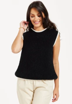 Women’s Super Soft Sleeveless Ribbed Knit Sweater Vest - Black & White with Modern Contrasting Trim