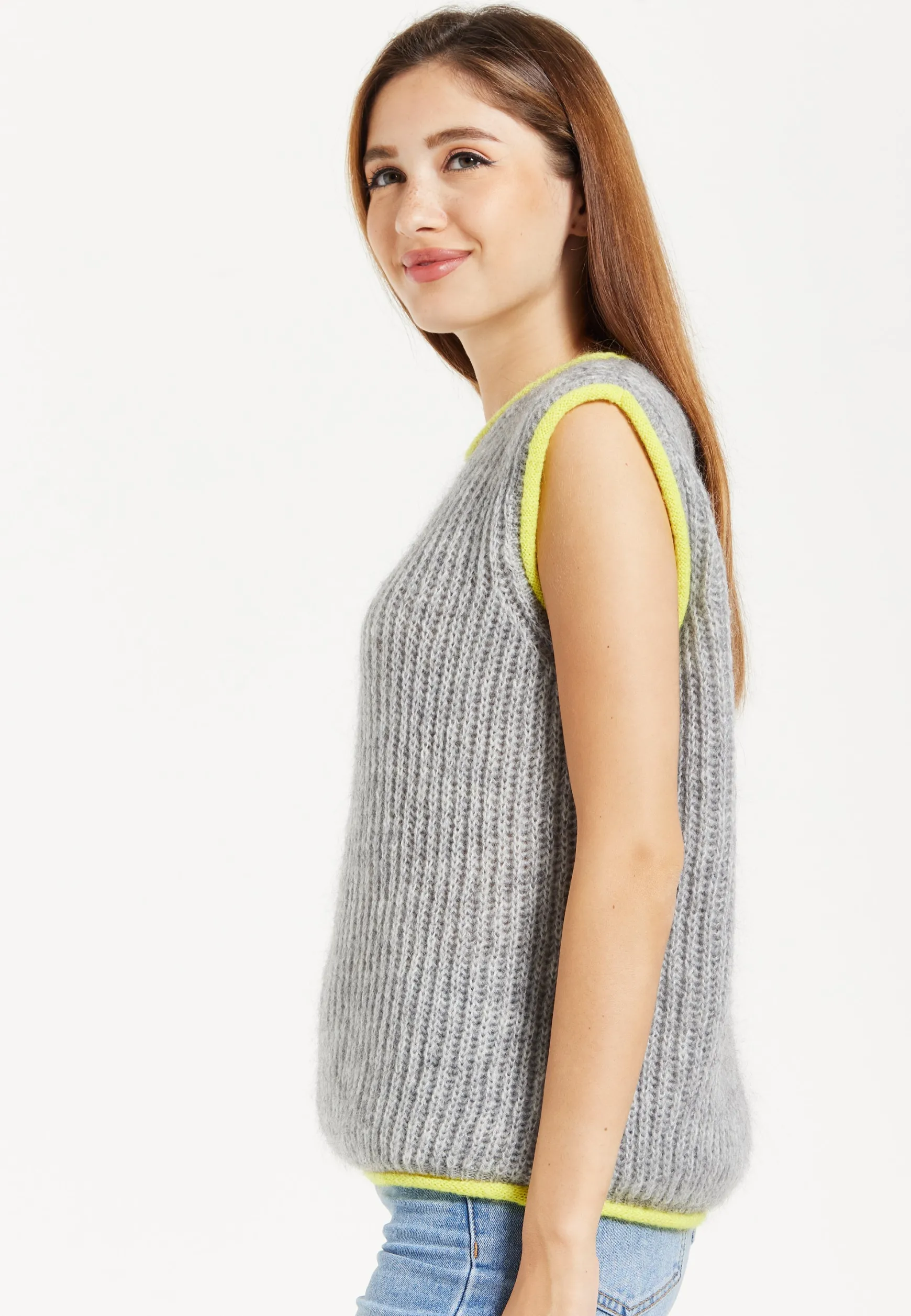 Women's Super Soft Sleeveless Ribbed Knit Sweater Vest - Grey with Contrasting White Trim