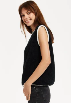 Women’s Super Soft Sleeveless Ribbed Knit Sweater Vest - Black & White with Modern Contrasting Trim