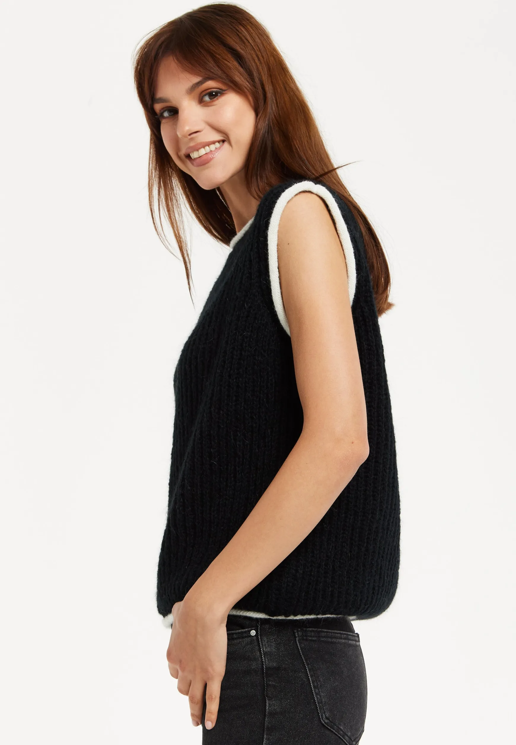 Women’s Super Soft Sleeveless Ribbed Knit Sweater Vest - Black & White with Modern Contrasting Trim