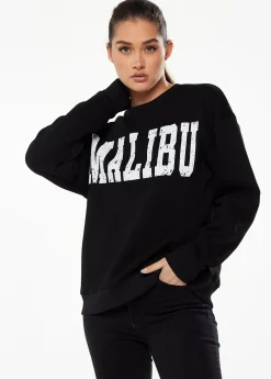Women’s Sweatshirt with Malibu Print in Black - Classic Round Neck, Long Sleeves, Comfortable Fit, Versatile Style