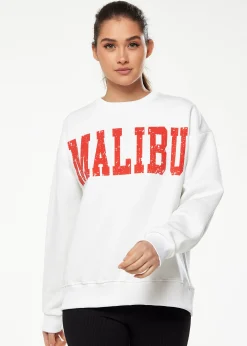 Women’s Sweatshirt with Malibu Print in White - Cozy, Classic Round Neck, Full-Length Sleeves, Ribbed Cuffs, Regular Fit.