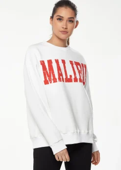 Women’s Sweatshirt with Malibu Print in White - Cozy, Classic Round Neck, Full-Length Sleeves, Ribbed Cuffs, Regular Fit.