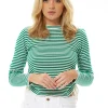 Women's Top in Green and White Stripes with Long Sleeves - Cozy Crew Neck, Stylish Tie Details, Versatile Wear