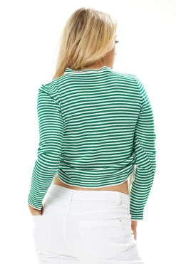 Women's Top in Green and White Stripes with Long Sleeves - Cozy Crew Neck, Stylish Tie Details, Versatile Wear